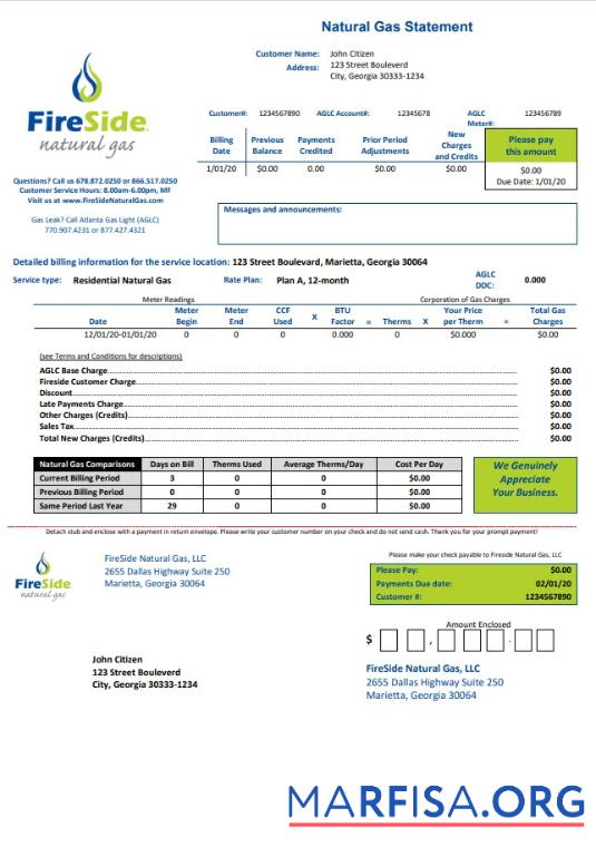 Blank USA California FireSide natural gas utility bill template in Word and PDF format